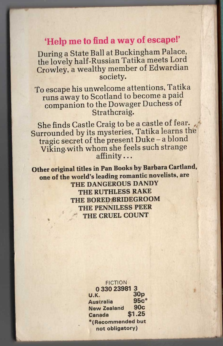 Barbara Cartland  THE CASTLE OF FEAR magnified rear book cover image