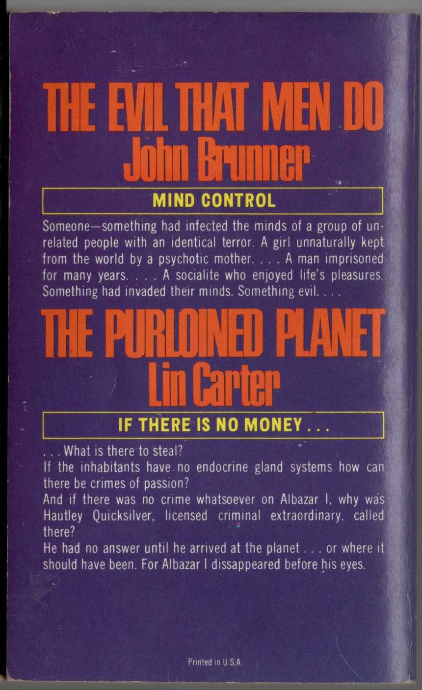 (Belmont Tower double: John Brunner & Lin Carter) THE EVIL THAT MEN DO (Brunner) and THE PURLOINED PLANET (Carter) magnified rear book cover image
