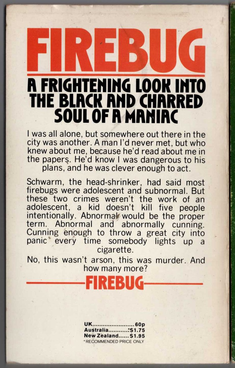 Robert Bloch  FIREBUG magnified rear book cover image