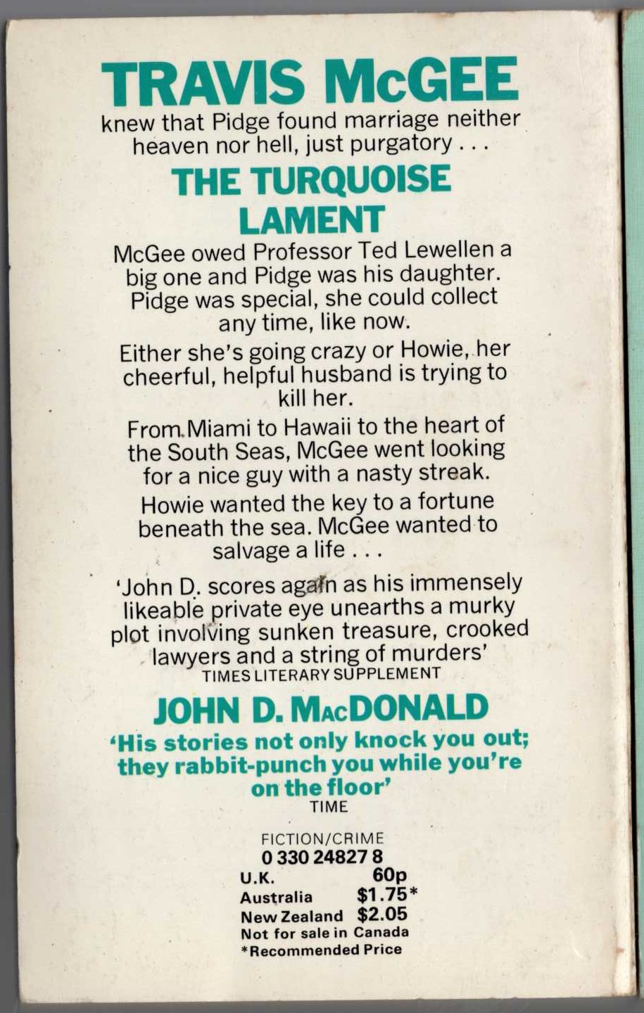 John D. MacDonald  THE TURQUOISE LAMENT magnified rear book cover image