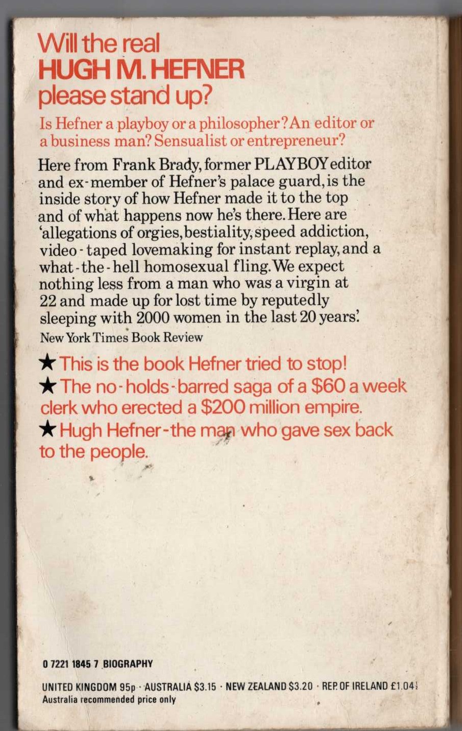 Frank Brady  HEFNER. An unauthorised biography magnified rear book cover image