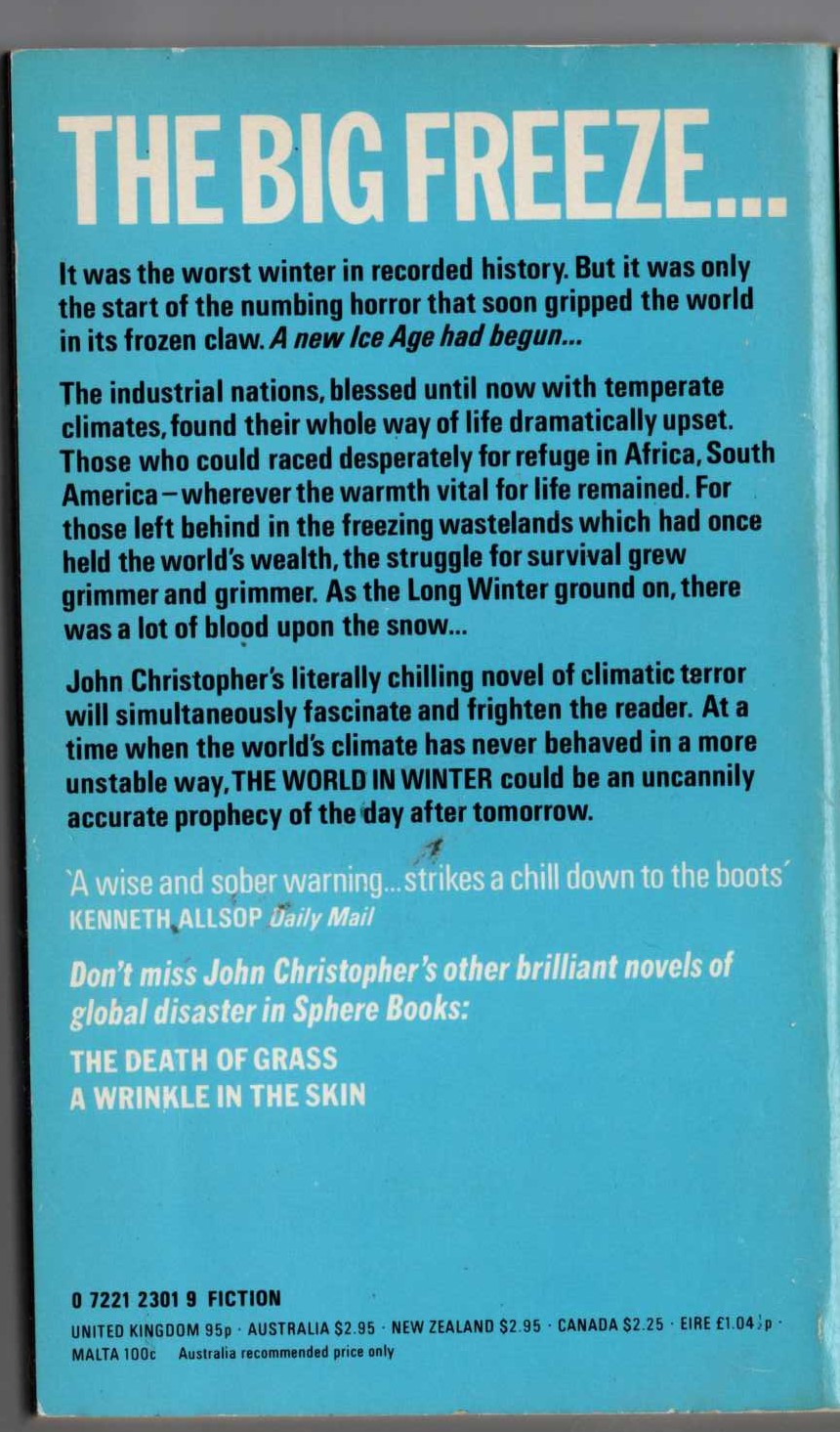 John Christopher  THE WORLD IN WINTER magnified rear book cover image