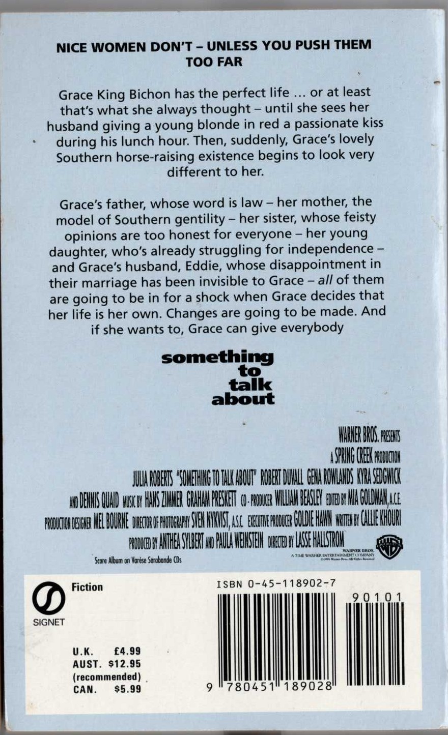 Callie Khouri  SOMETHING TO TALK ABOUT (Dennis Quaid, Julia Roberts) magnified rear book cover image