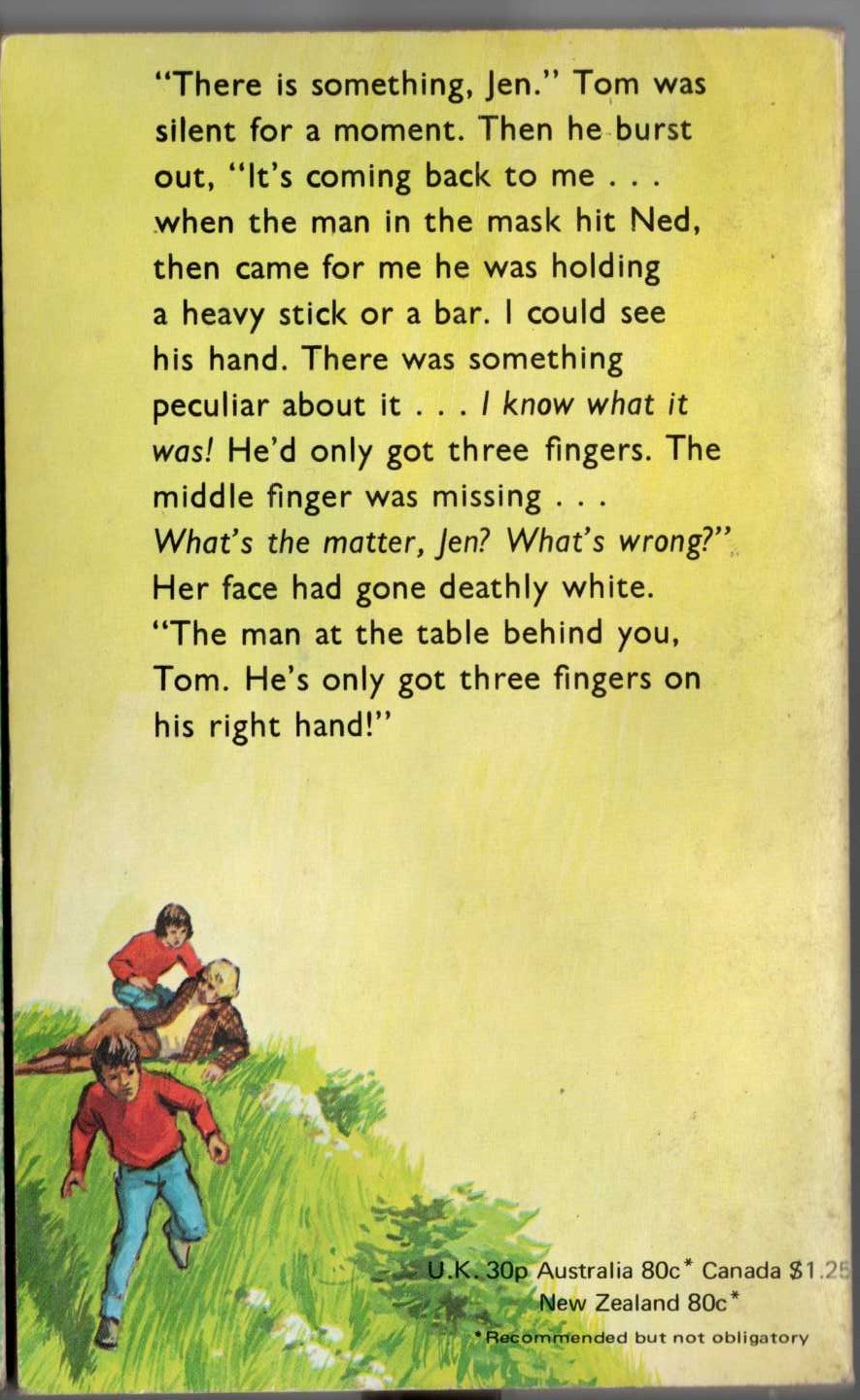 Malcolm Saville  MAN WITH THREE FINGERS magnified rear book cover image