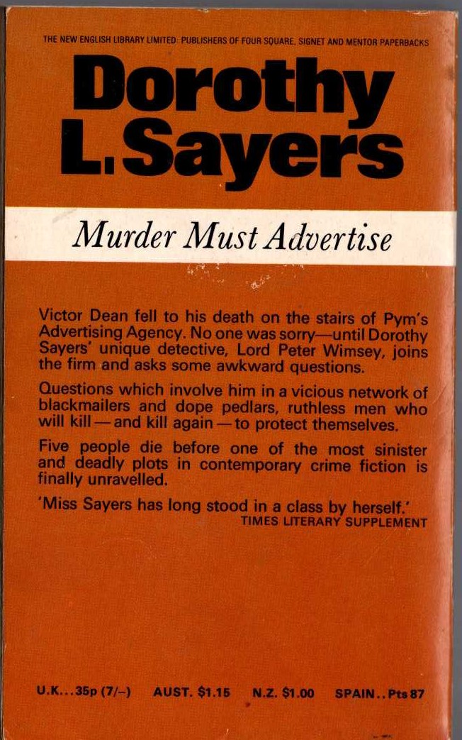 Dorothy L. Sayers  MURDER MUST ADVERTISE magnified rear book cover image