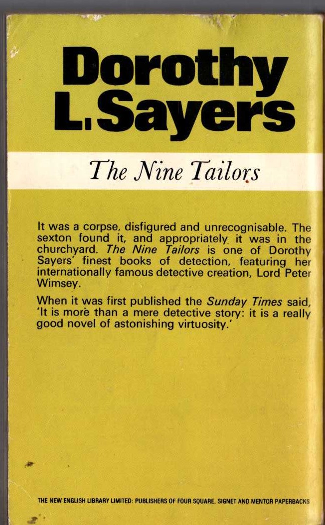 Dorothy L. Sayers  THE NINE TAILORS magnified rear book cover image