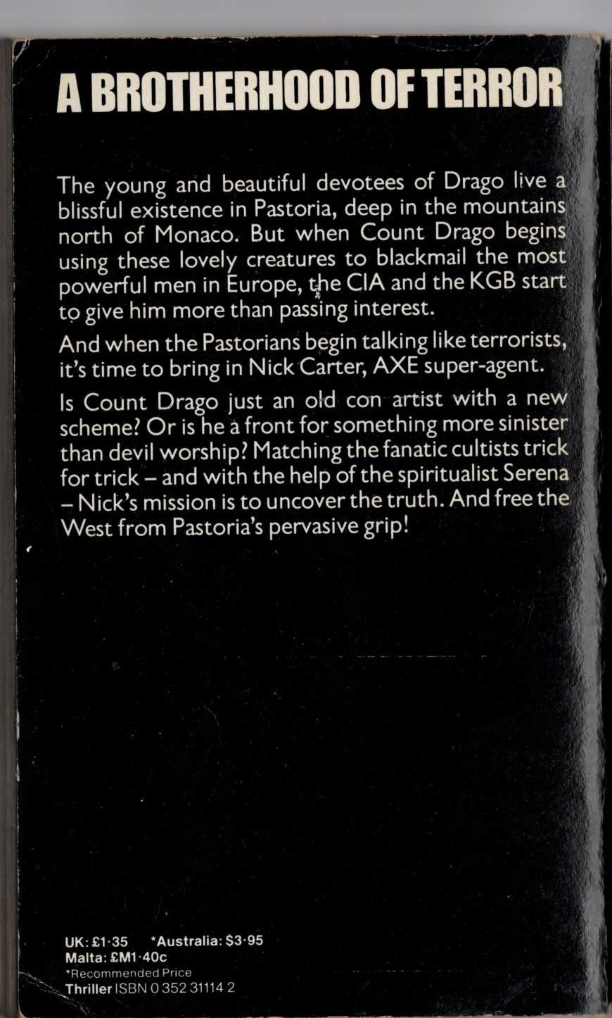 Nick Carter  THE SATAN TRAP magnified rear book cover image