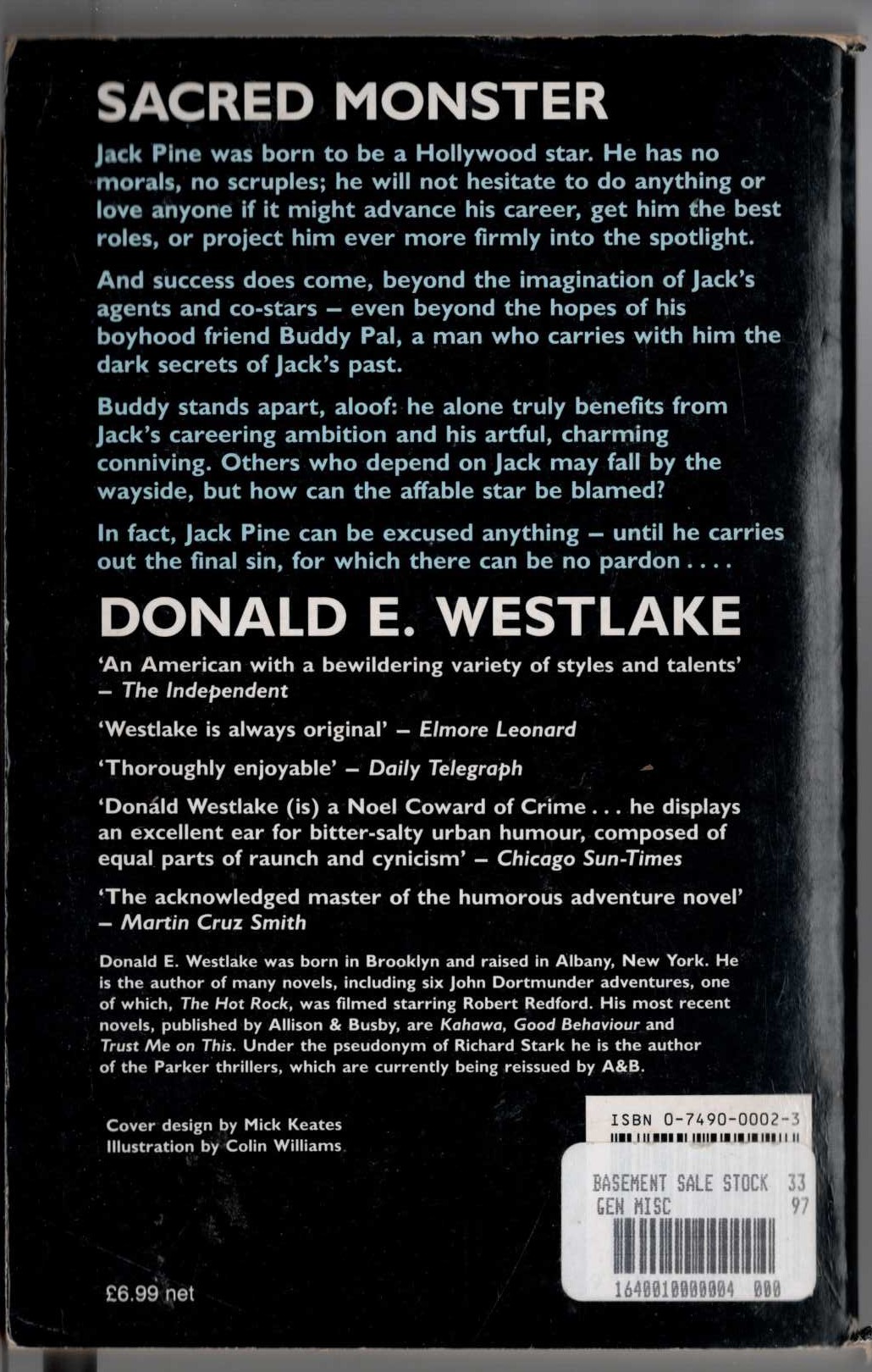 Donald E. Westlake  SACRED MONSTER magnified rear book cover image