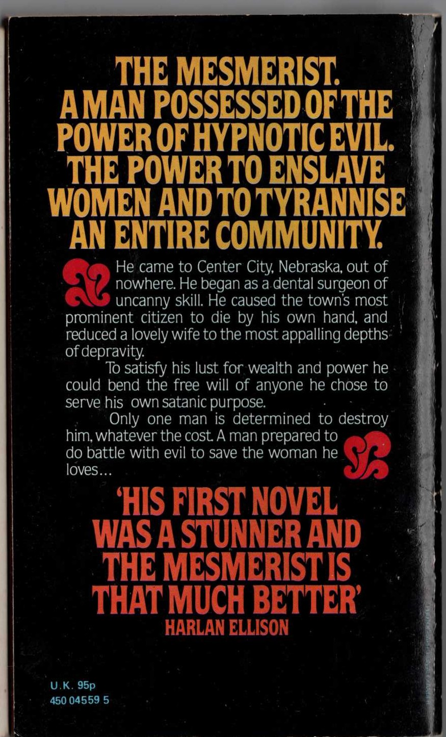 Felice Picano  THE MESMERIST magnified rear book cover image