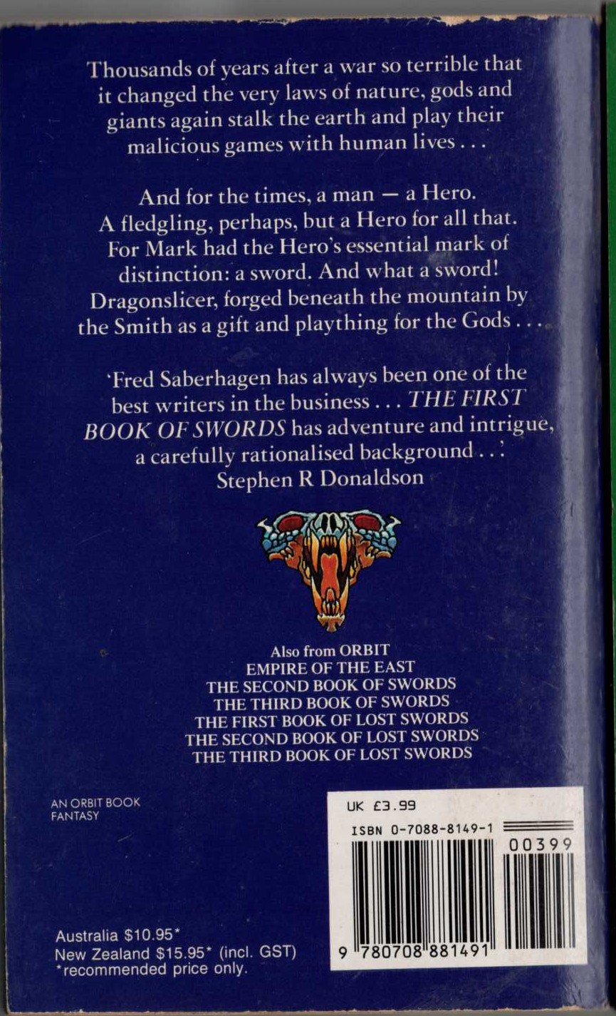 Fred Saberhagen  THE FIRST BOOK OF SWORDS magnified rear book cover image