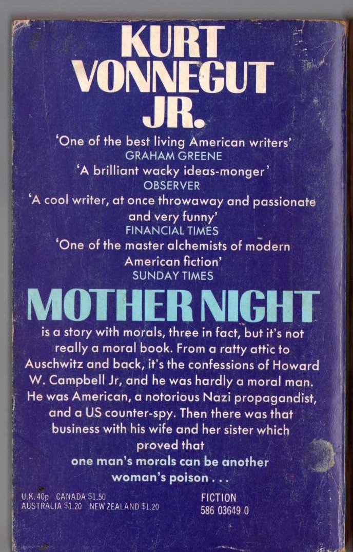 Kurt Vonnegut  MOTHER NIGHT magnified rear book cover image