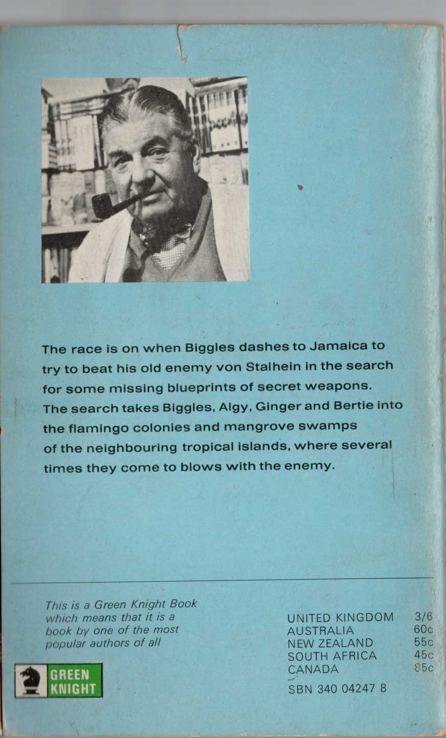 Captain W.E. Johns  BIGGLES IN THE BLUE magnified rear book cover image