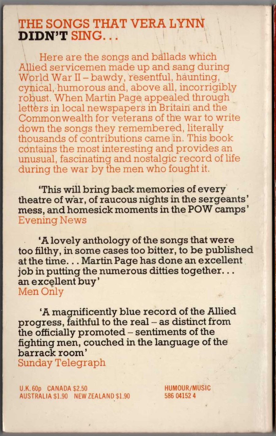 Martin Page  THE SONGS AND BALLADS OF WORLD WAR II magnified rear book cover image