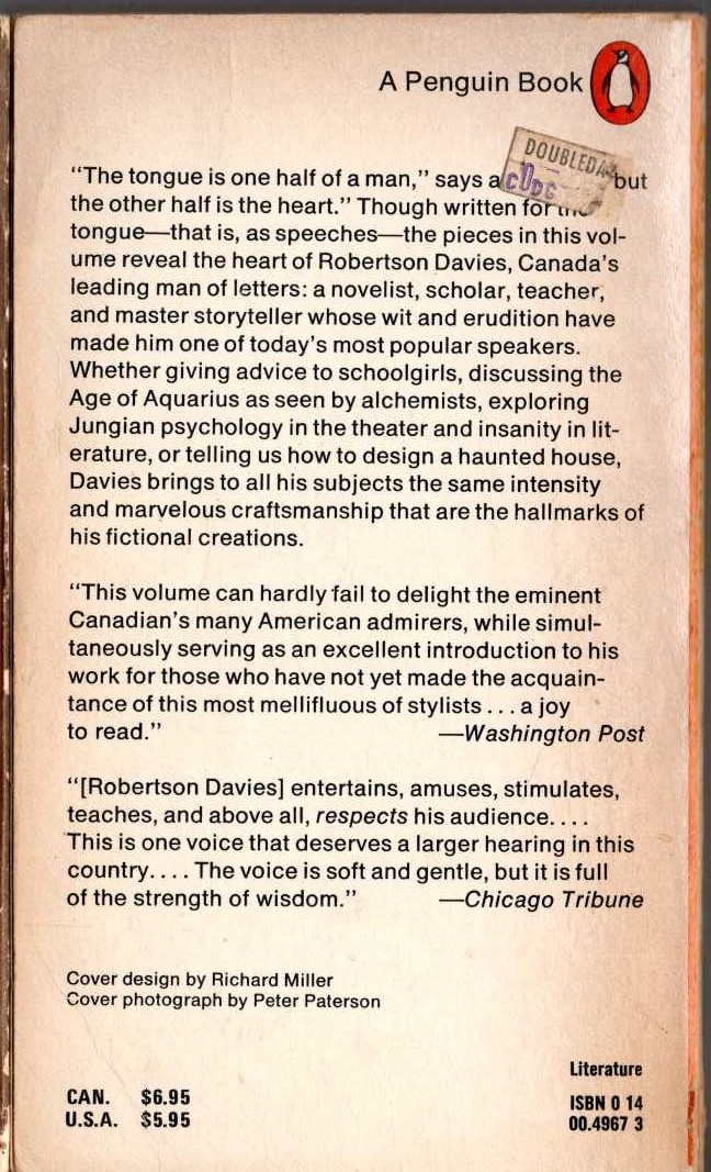 Robertson Davies  ONE HALF OF ROBERTSON DAVIES (non-fiction) magnified rear book cover image