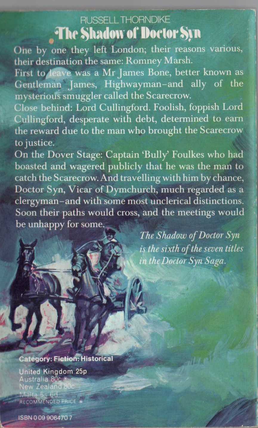 Russell Thorndike  THE SHADOW OF DOCTOR SYN magnified rear book cover image