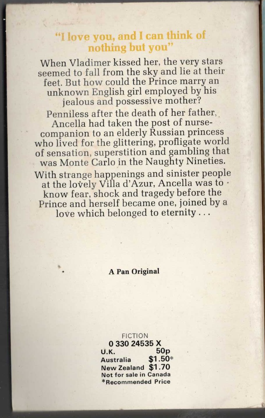 Barbara Cartland  AN ANGEL IN HELL magnified rear book cover image