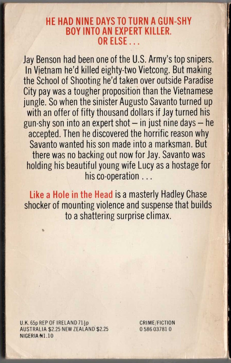 James Hadley Chase  LIKE A HOLE IN THE HEAD magnified rear book cover image