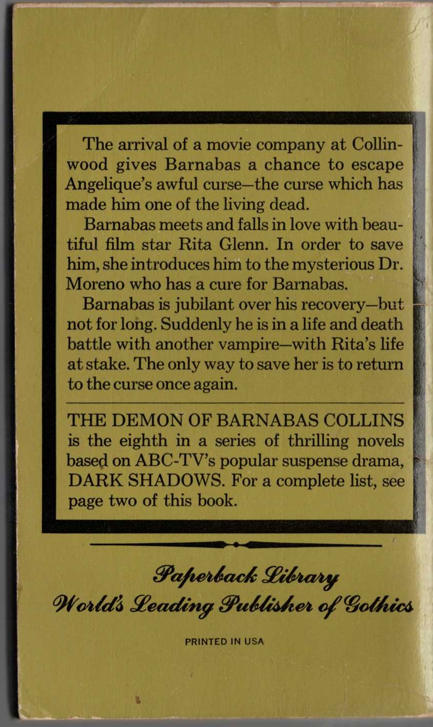 Marilyn Ross  THE DEMON OF BARNABAS COLLINS magnified rear book cover image
