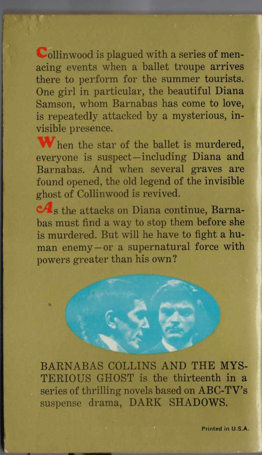 Marilyn Ross  BARNABAS COLLINS AND THE MYSTERIOUS GHOST magnified rear book cover image