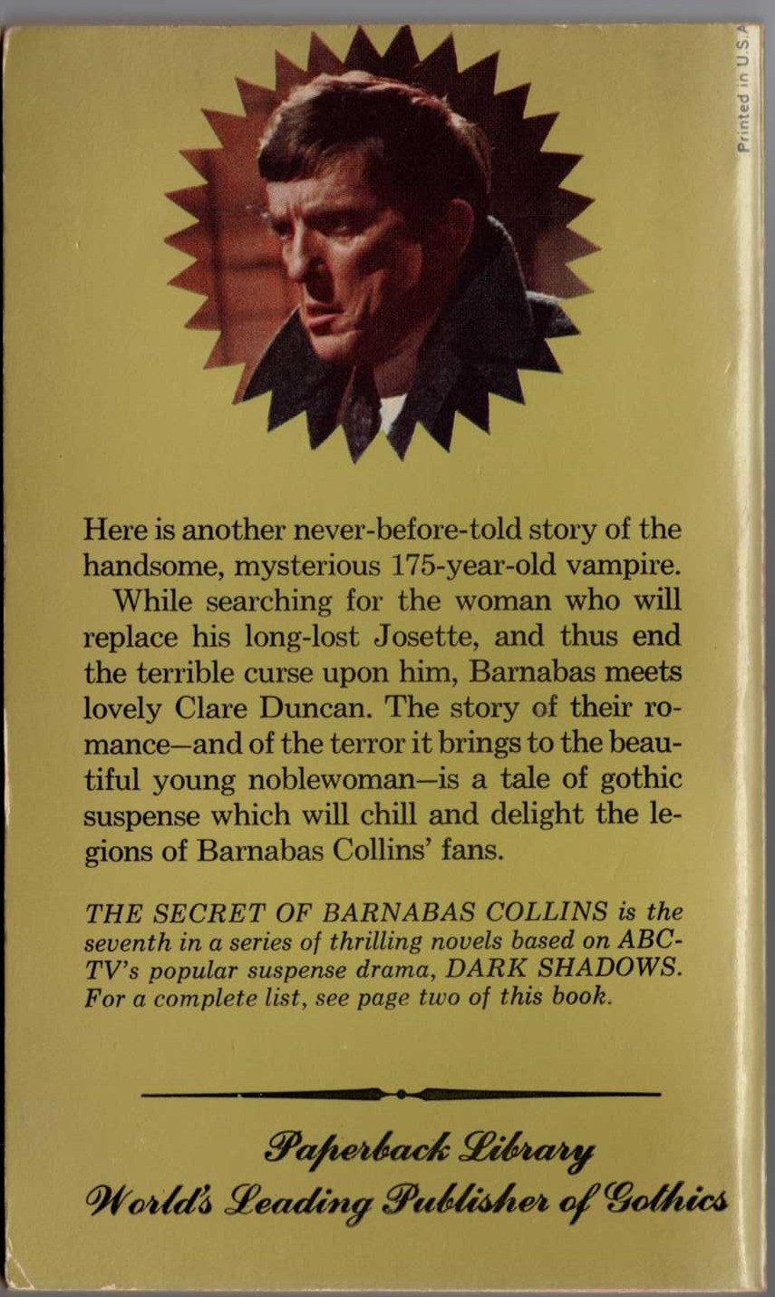 Marilyn Ross  THE SECRET OF BARNABAS COLLINS magnified rear book cover image