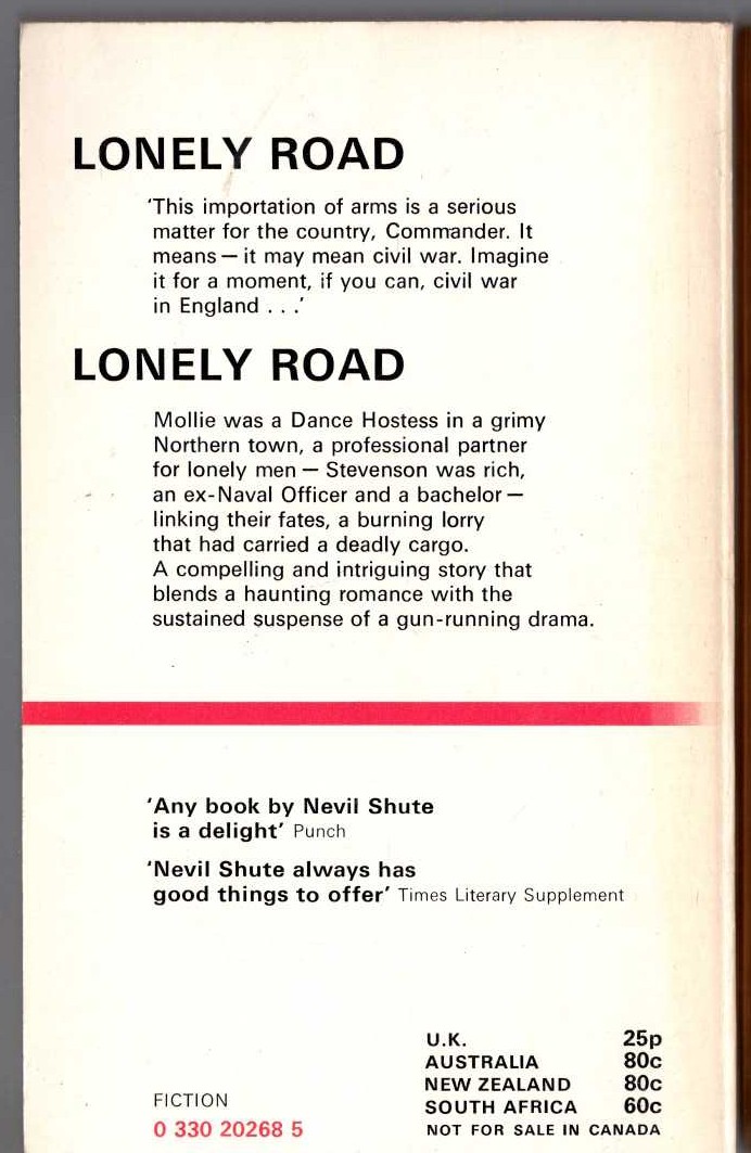 Nevil Shute  LONELY ROAD magnified rear book cover image