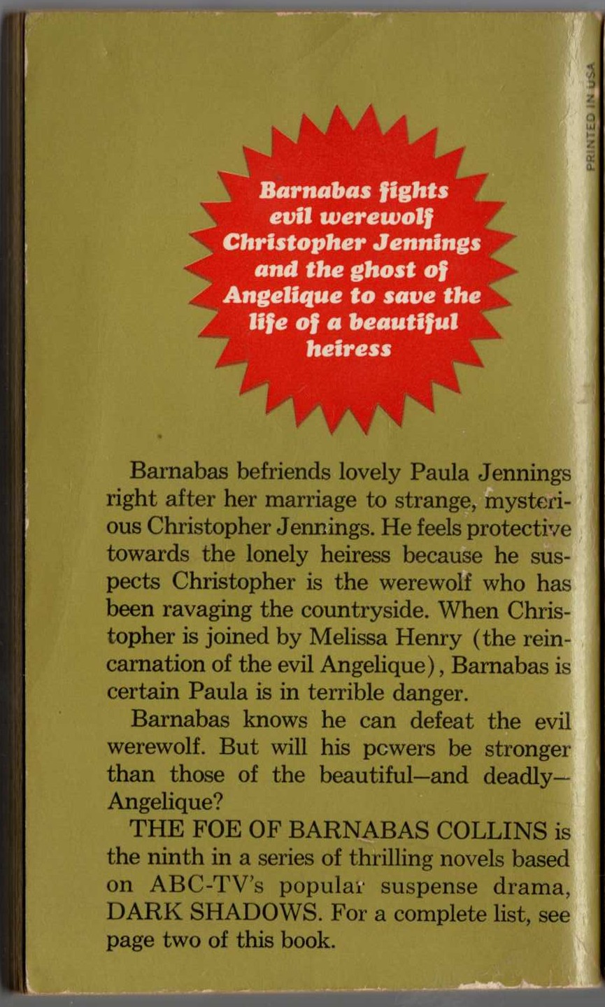Marilyn Ross  THE FOE OF BARNABAS COLLINS magnified rear book cover image