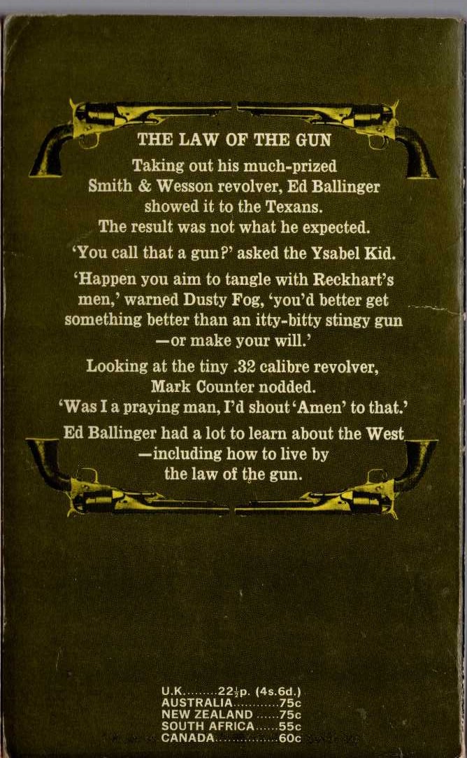 J.T. Edson  THE LAW OF THE GUN magnified rear book cover image