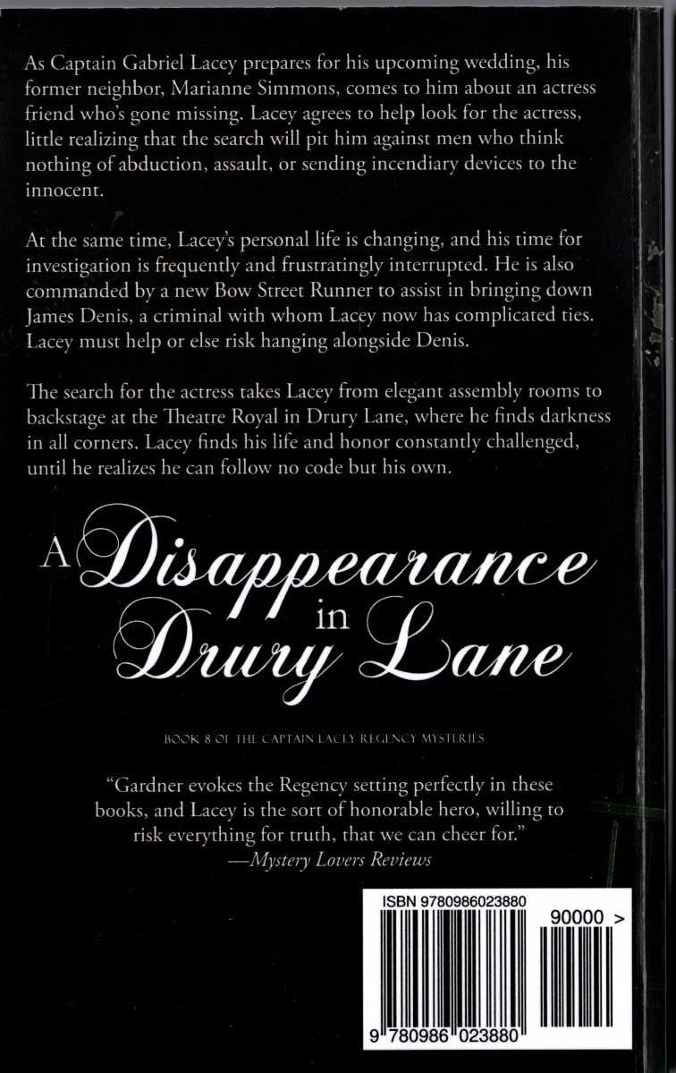 Ashley Gardner  A DISAPPEARANCE IN DRURY LANE magnified rear book cover image