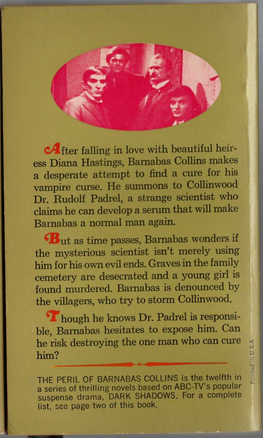 Marilyn Ross  THE PERIL OF BARNABAS COLLINS magnified rear book cover image