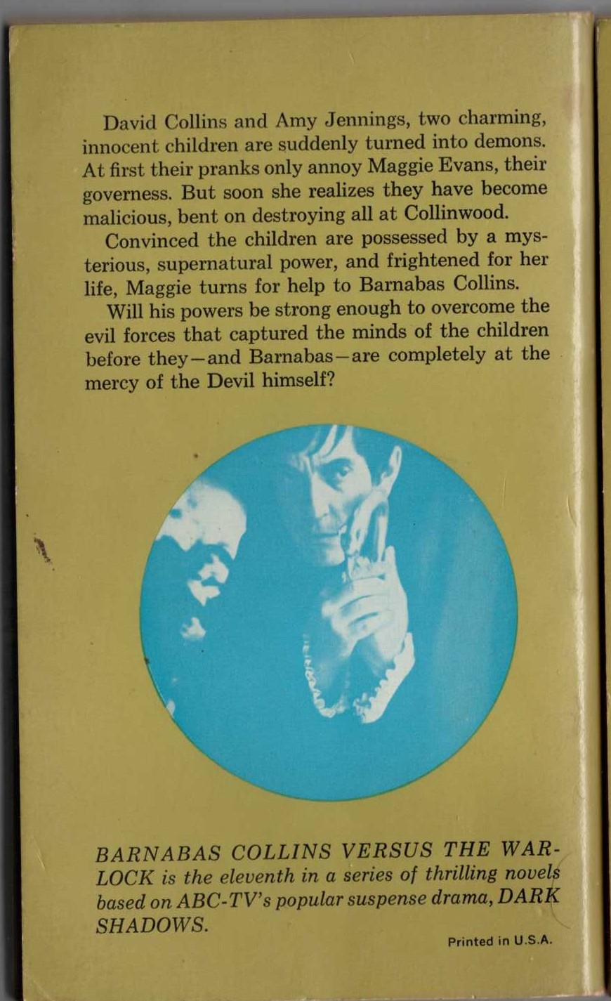 Marilyn Ross  BARNABAS COLLINS VERSUS THE WARLOCK magnified rear book cover image