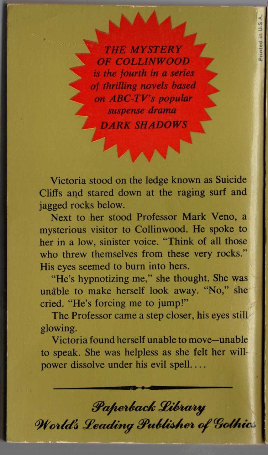 Marilyn Ross  THE MYSTERY OF COLLINWOOD magnified rear book cover image