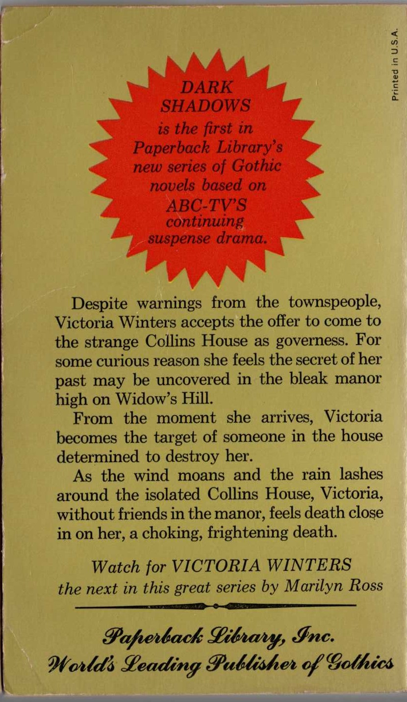 Marilyn Ross  DARK SHADOWS magnified rear book cover image