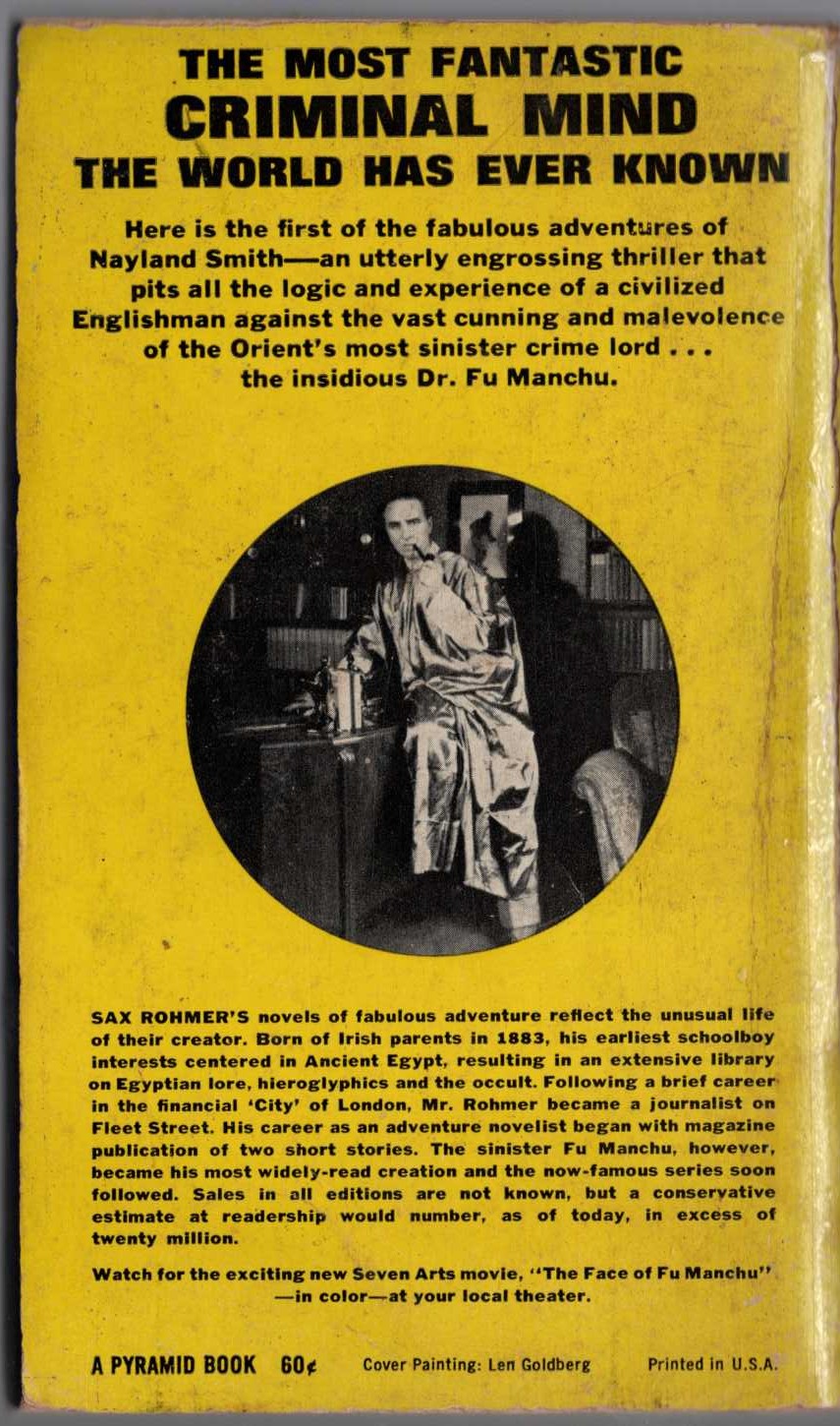 Sax Rohmer  THE INSIDIOUS D. FU MANCHU magnified rear book cover image