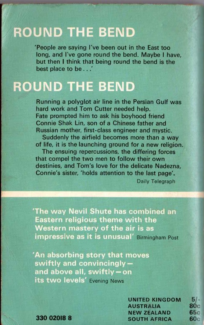 Nevil Shute  ROUND THE BEND magnified rear book cover image