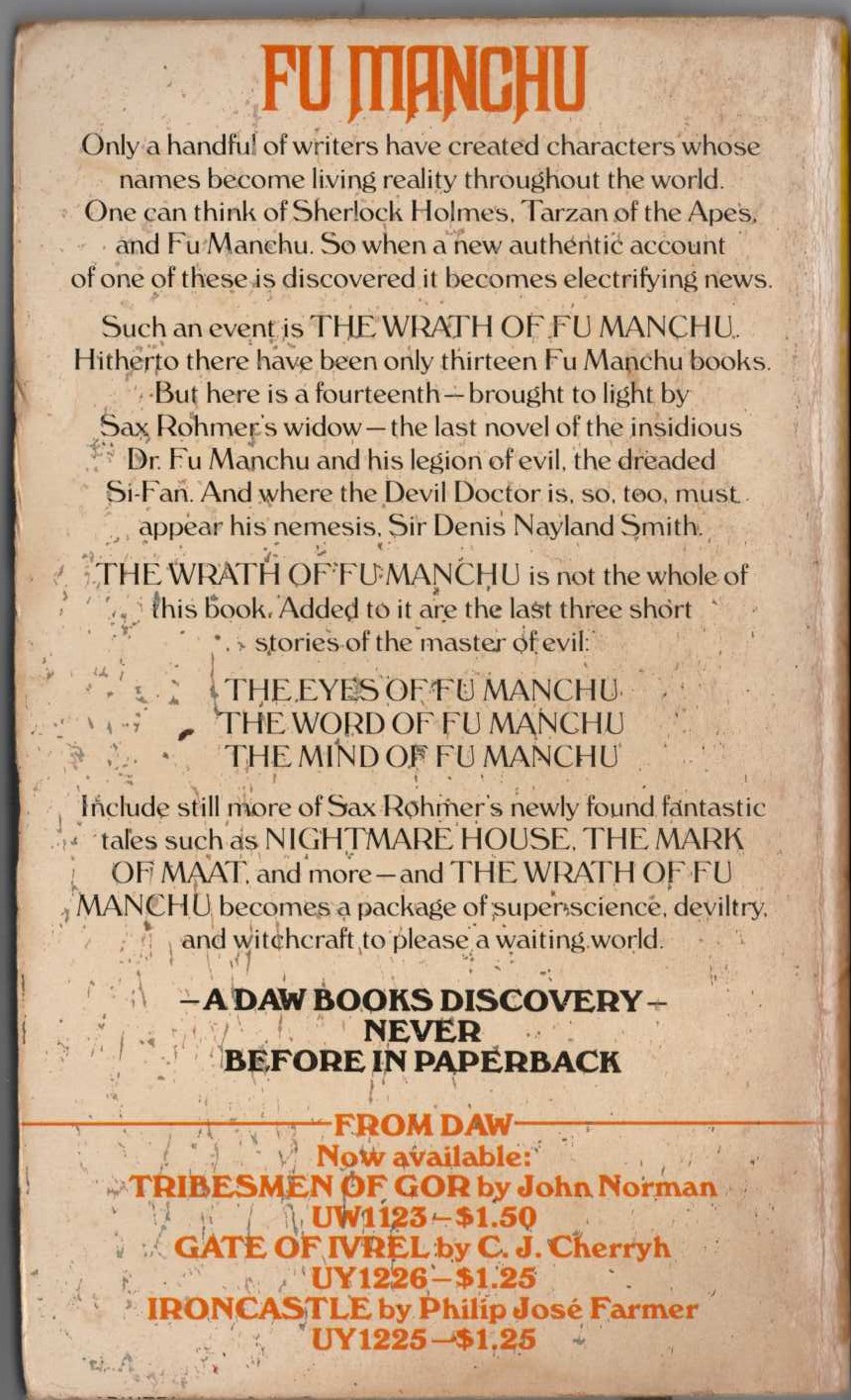 Sax Rohmer  THE WRATH OF FU MANCHU magnified rear book cover image
