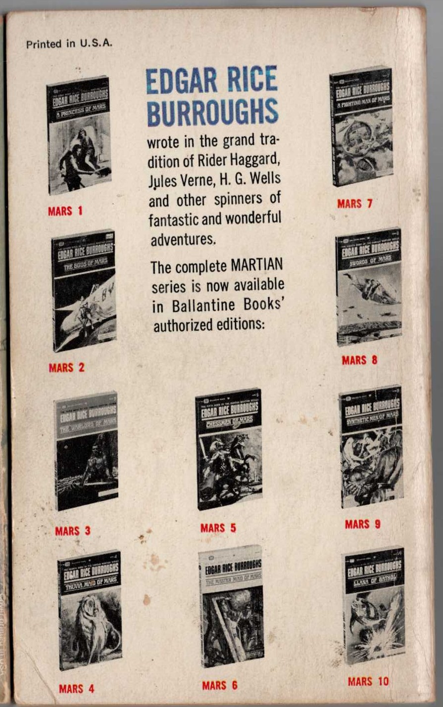 Edgar Rice Burroughs  A FIGHTING MAN OF MARS magnified rear book cover image
