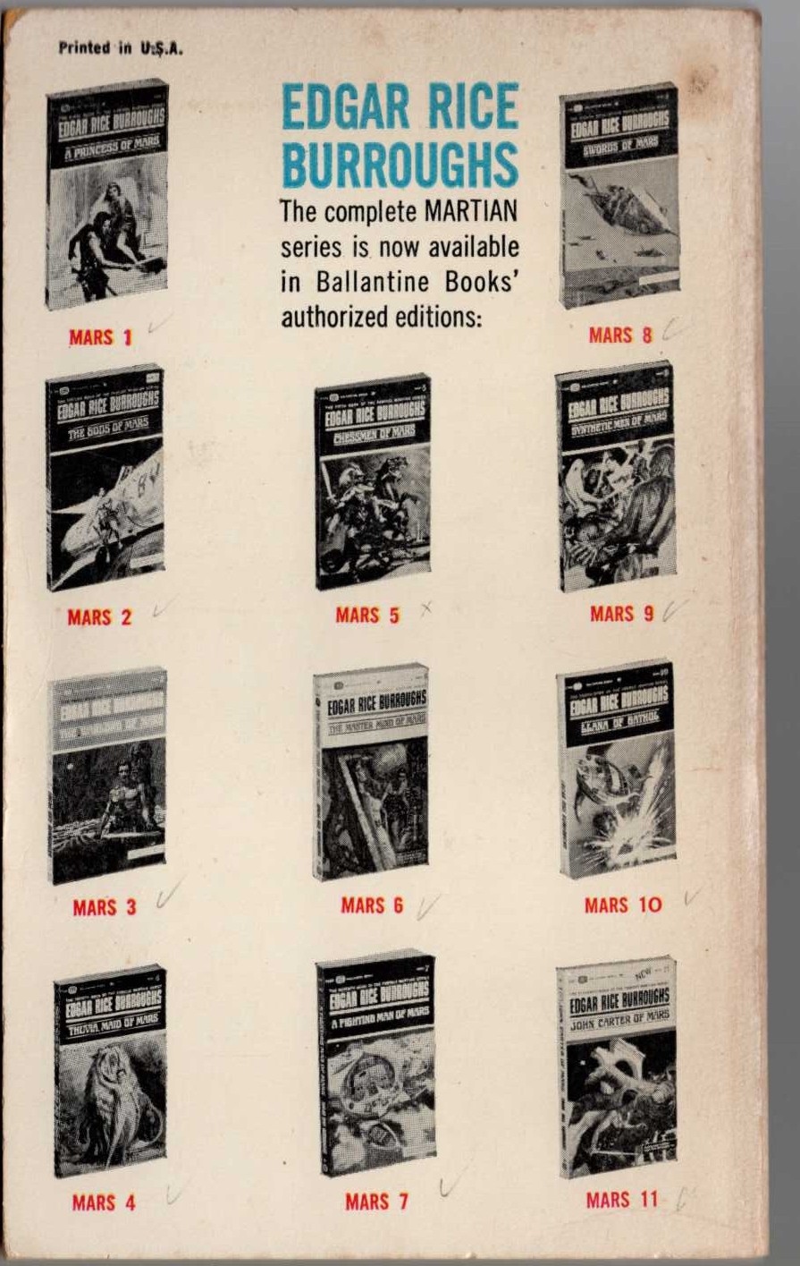 Edgar Rice Burroughs  JOHN CARTER OF MARS magnified rear book cover image
