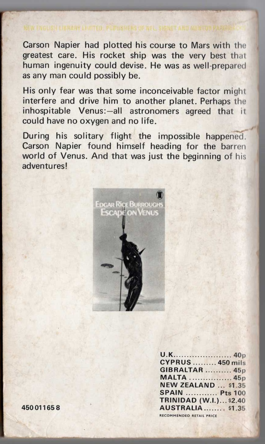 Edgar Rice Burroughs  PIRATES OF VENUS magnified rear book cover image