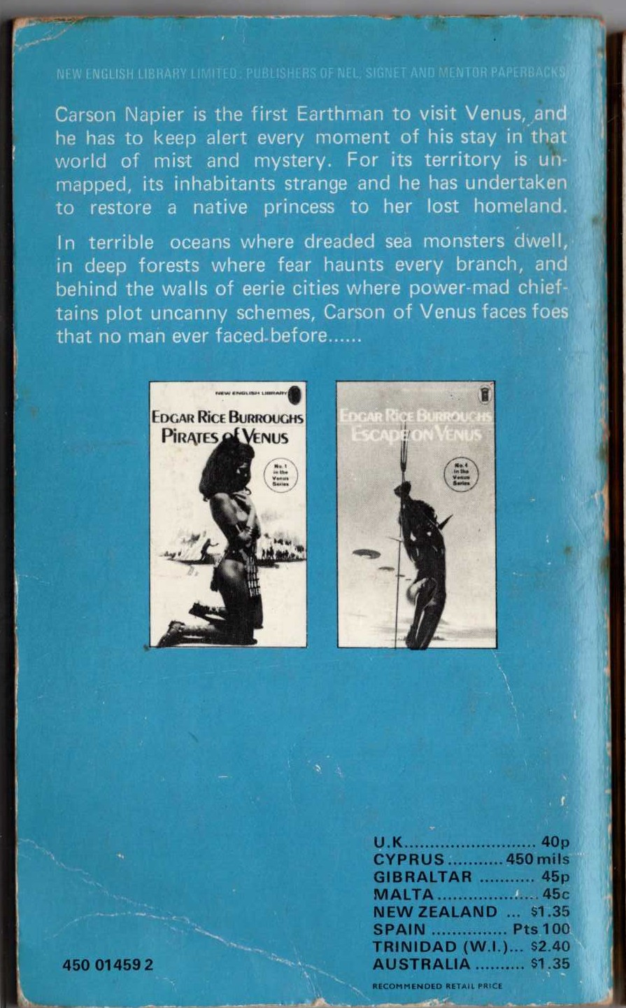 Edgar Rice Burroughs  CARSON OF VENUS magnified rear book cover image