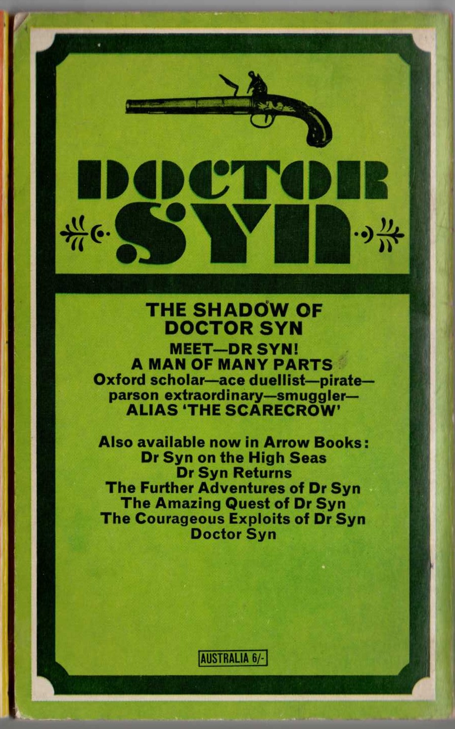 Russell Thorndike  THE SHADOW OF DOCTOR SYN magnified rear book cover image