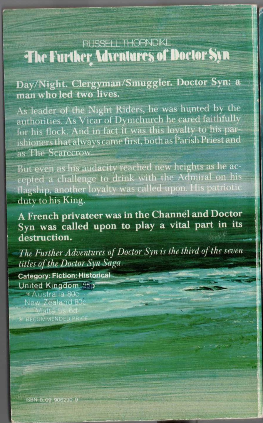 Russell Thorndike  THE FURTHER ADVENTURES OF DOCTOR SYN magnified rear book cover image