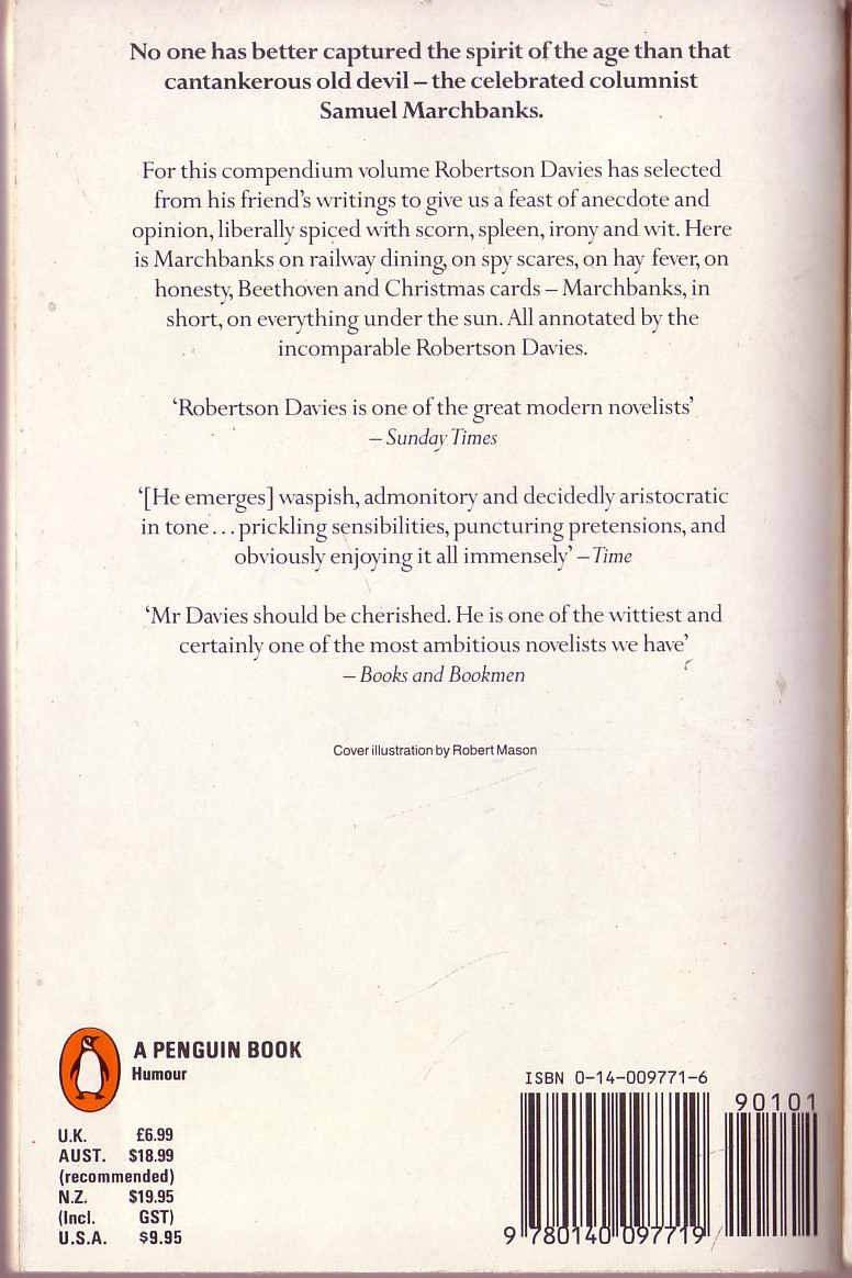 Robertson Davies  THE PAPERS OF SAMUEL MARCHBANKS magnified rear book cover image