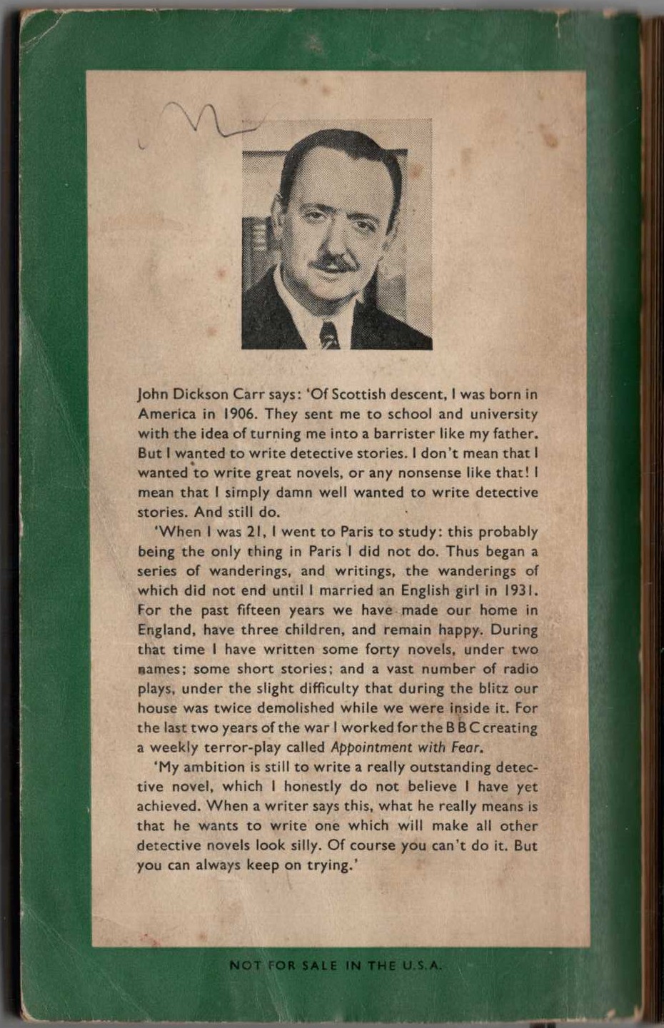 John Dickson Carr  HE WHO WHISPERS magnified rear book cover image