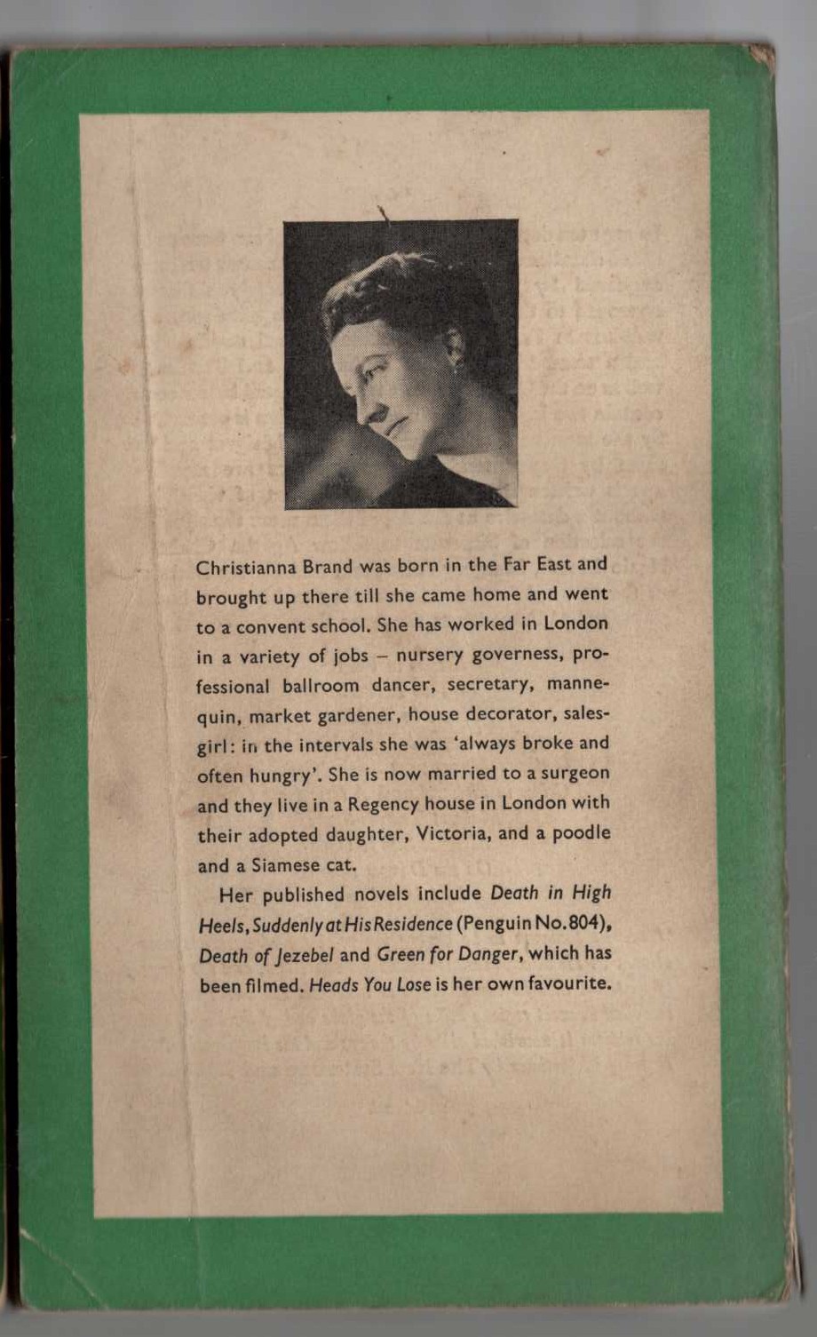 Christianna Brand  HEADS YOU LOSE magnified rear book cover image