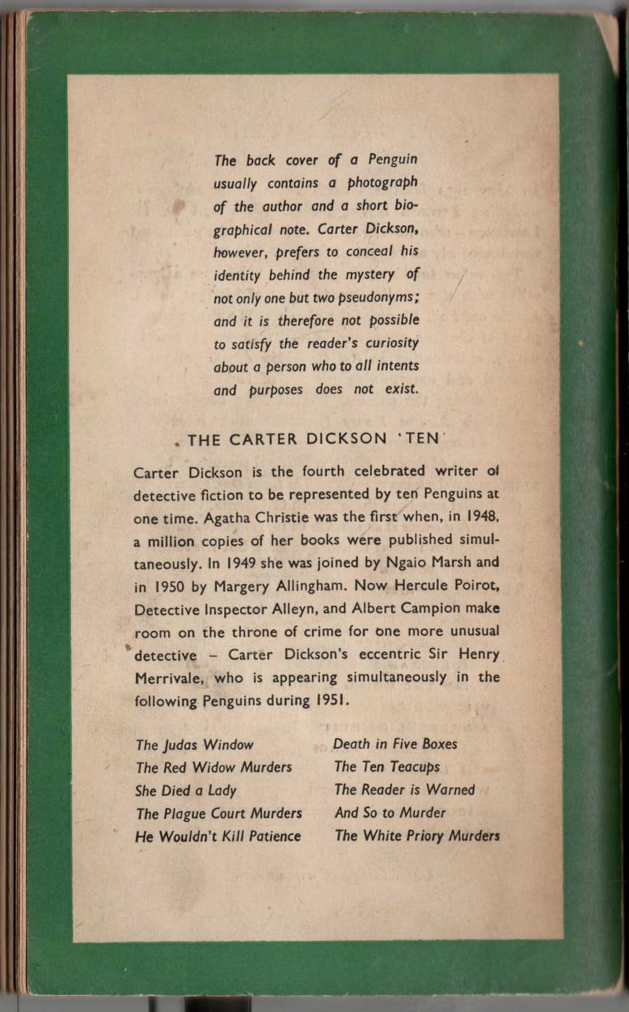 Carter Dickson  THE TEN TEACUPS magnified rear book cover image