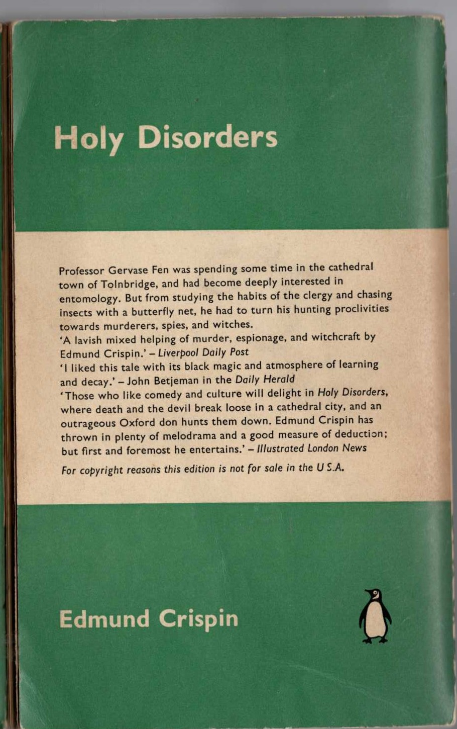 Edmund Crispin  HOLY DISORDERS magnified rear book cover image