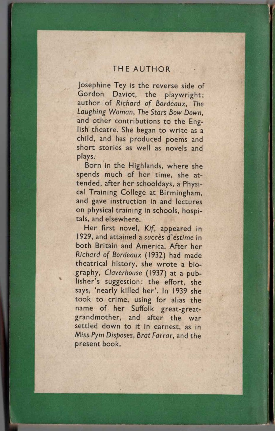 Josephine Tey  THE FRANCHISE AFFAIR magnified rear book cover image