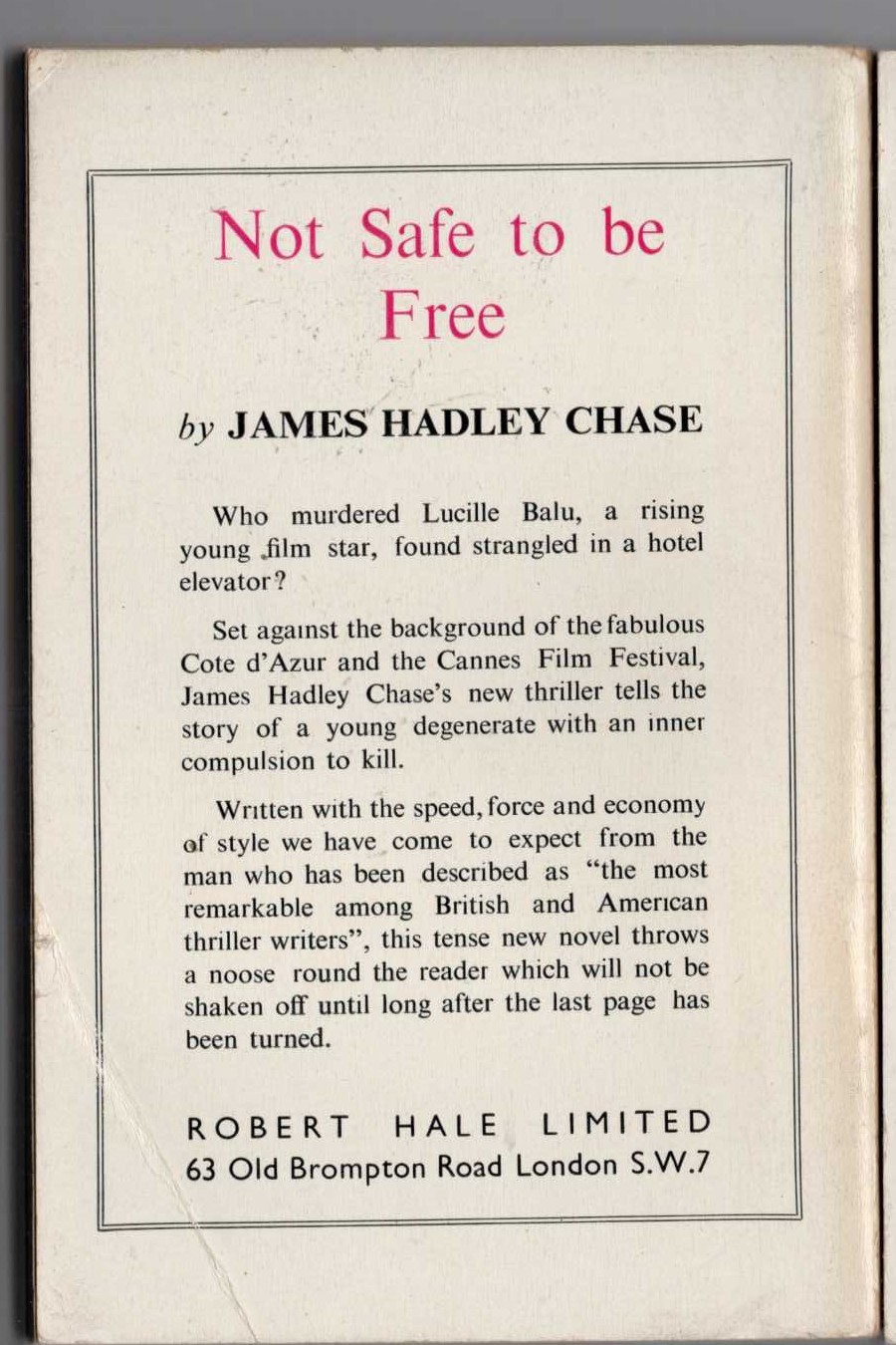 James Hadley Chase  NOT SAFE TO BE FREE magnified rear book cover image
