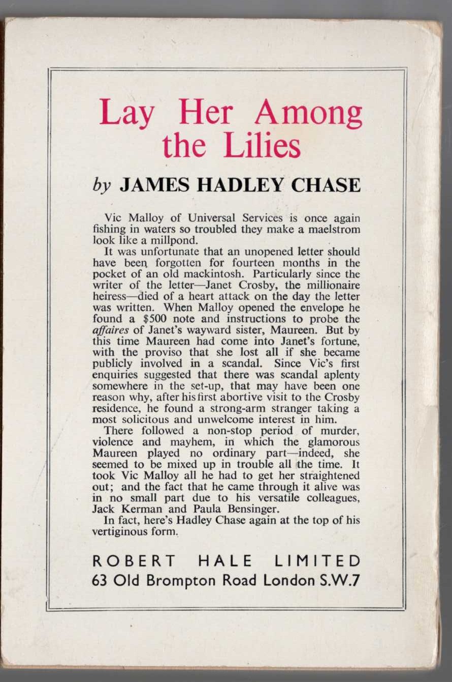 James Hadley Chase  LAY HER AMONG THE LILIES magnified rear book cover image