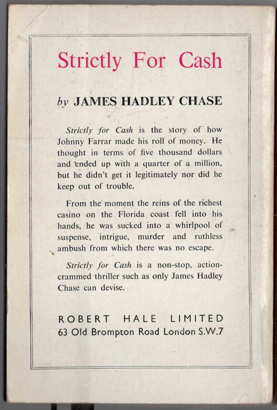 James Hadley Chase  STRICTLY FOR CASH magnified rear book cover image